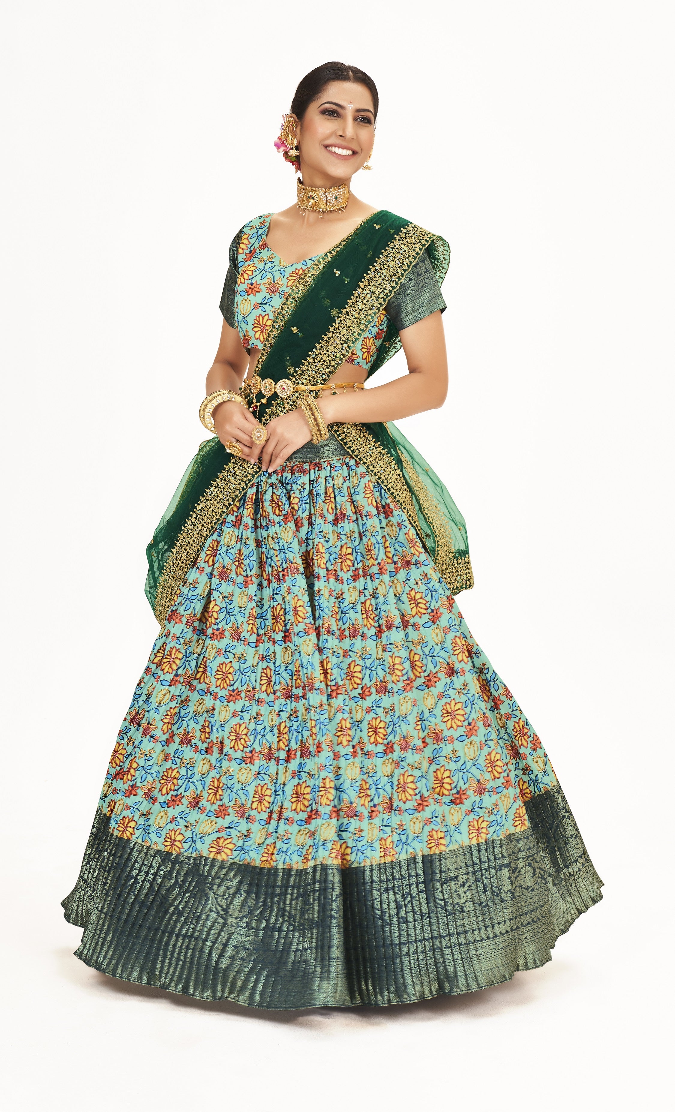 Sea Green & Dark Green Floral Printed Weaving Work Banarasi Pattu Half Saree