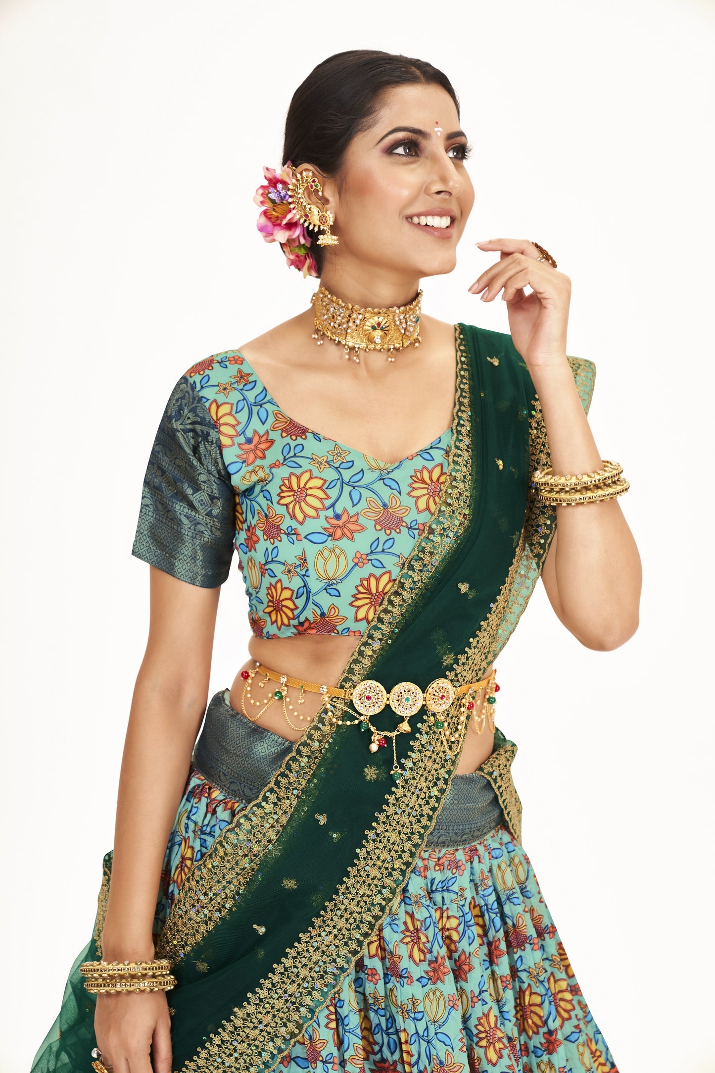 Sea Green & Dark Green Floral Printed Weaving Work Banarasi Pattu Half Saree