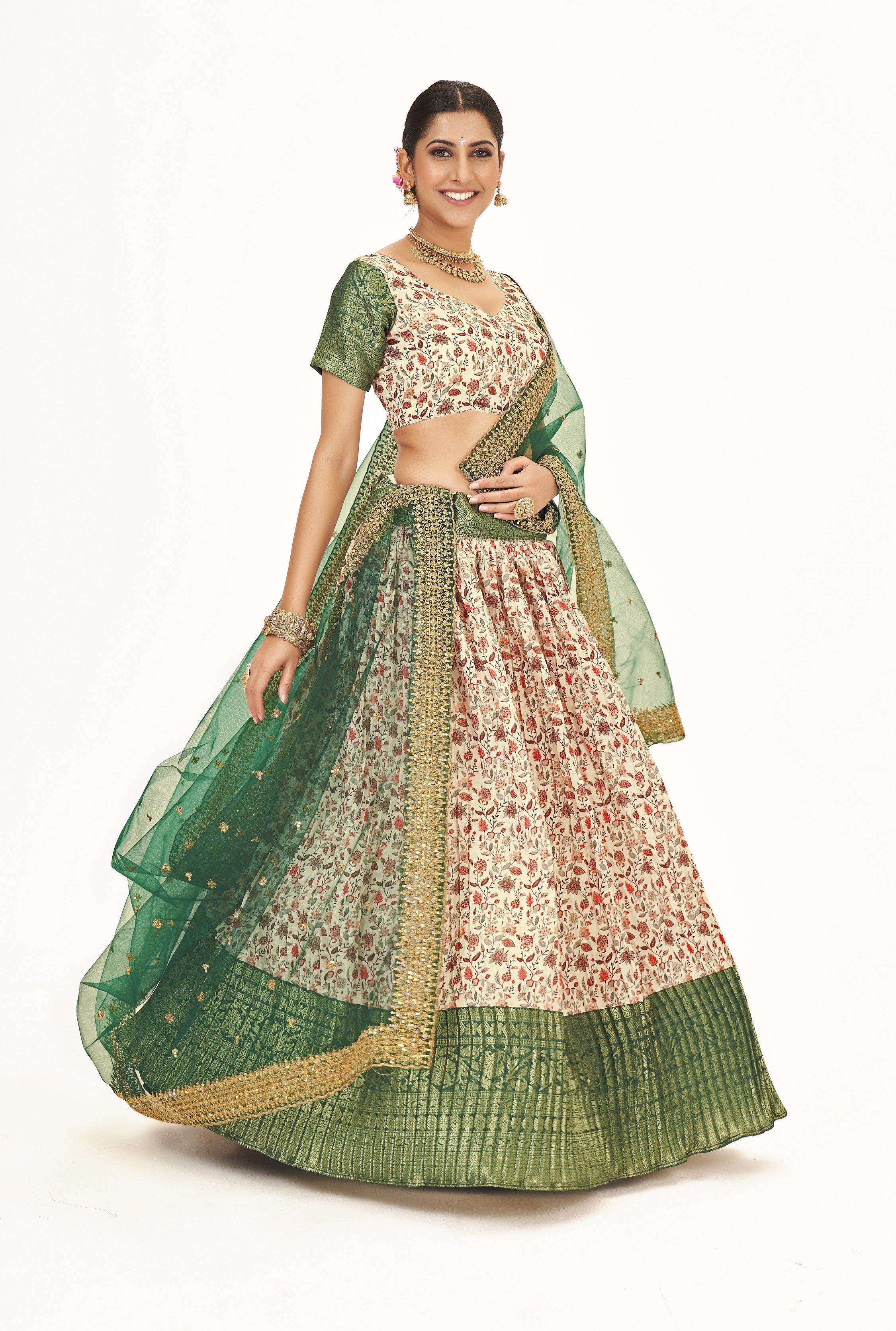 Superb Off White & Green Floral Printed Weaving Work Banarasi Silk Half Saree Lehenga Choli