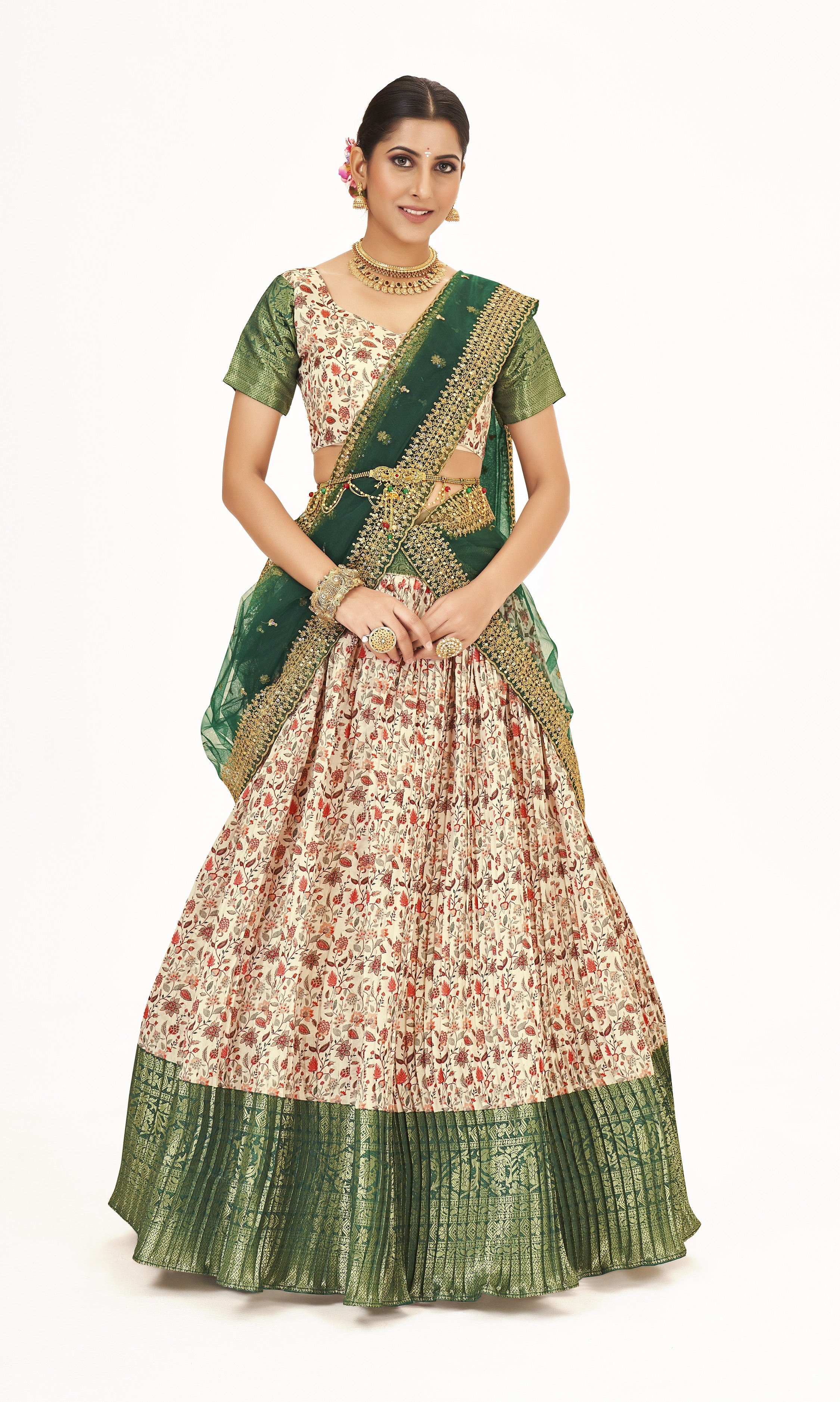 Superb Off White & Green Floral Printed Weaving Work Banarasi Silk Half Saree Lehenga Choli