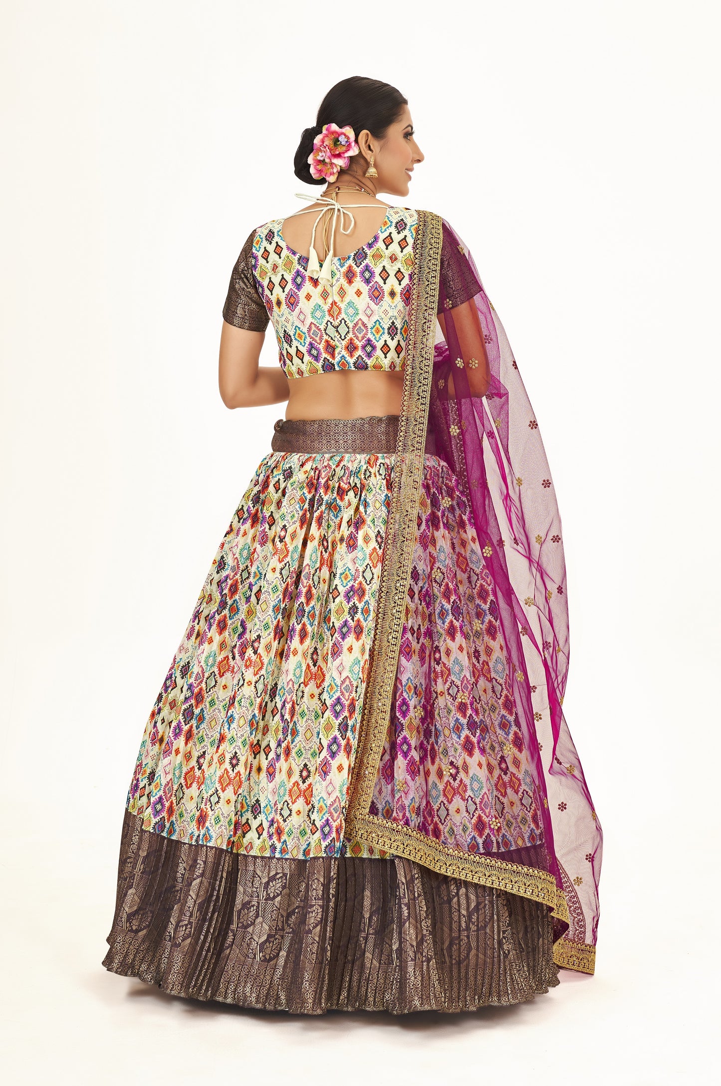 Marvelous Light Yellow & Wine Floral Printed Weaving Work Banarasi Silk Pattu Half Saree