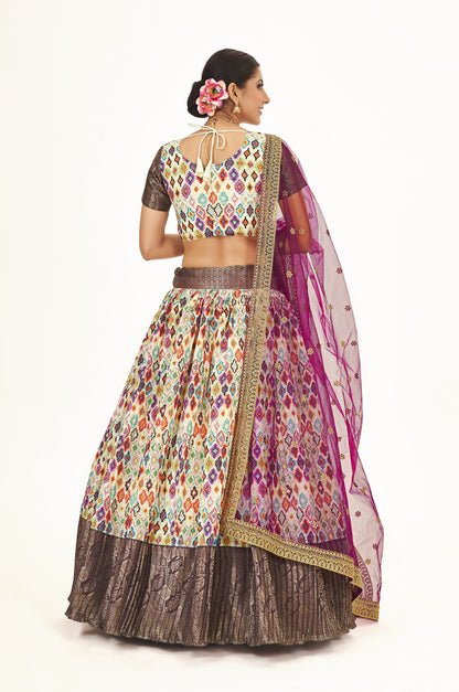 Marvelous Light Yellow & Wine Floral Printed Weaving Work Banarasi Silk Pattu Half Saree