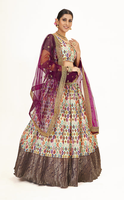 Marvelous Light Yellow & Wine Floral Printed Weaving Work Banarasi Silk Pattu Half Saree