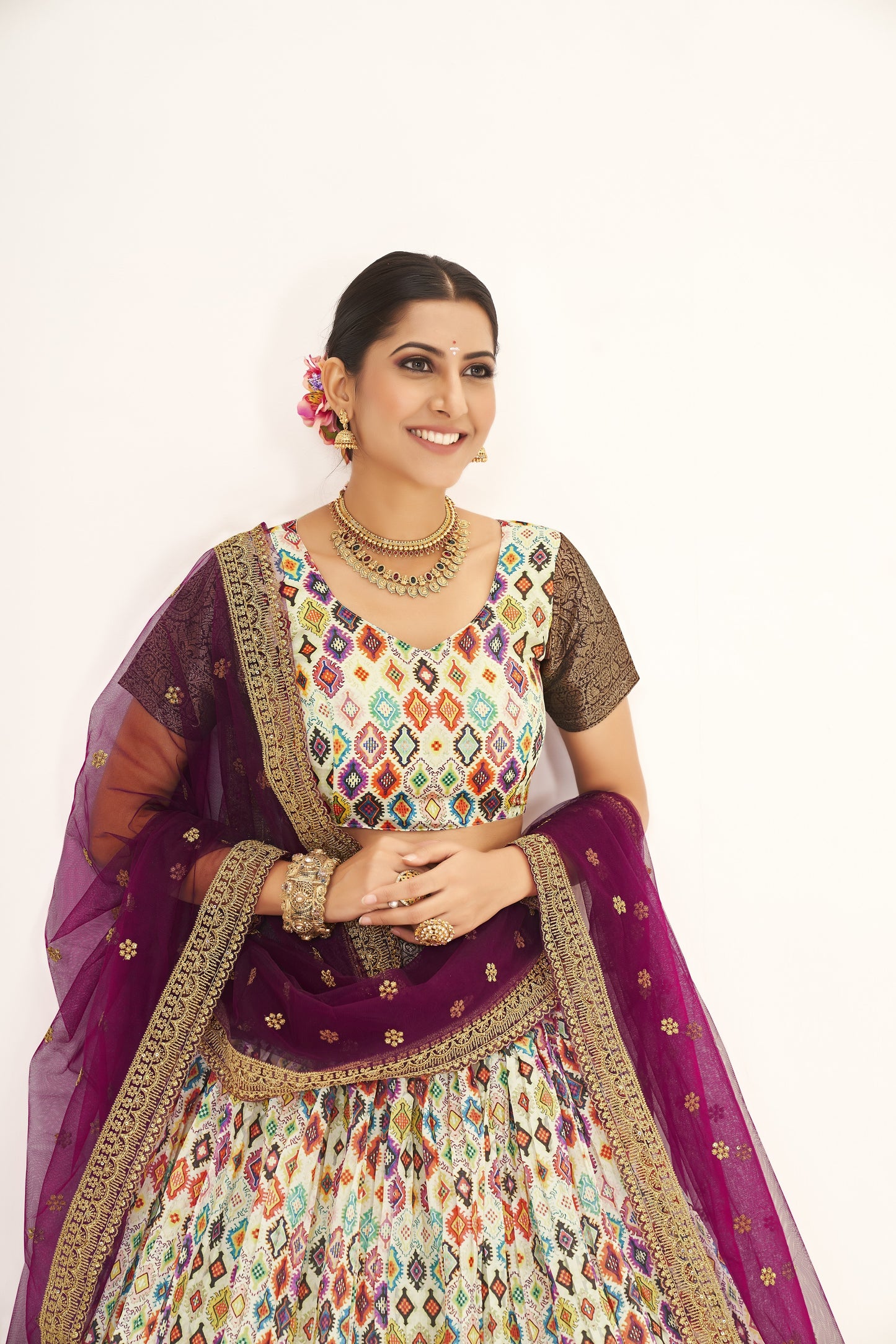 Marvelous Light Yellow & Wine Floral Printed Weaving Work Banarasi Silk Pattu Half Saree