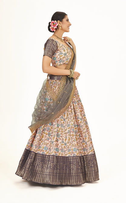 Light Peach & Purple Weaving Work Floral Printed Banarasi Silk Half Saree Lehenga Choli