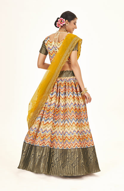 Latest Trending Multicolor Weaving Work And Digital Printed Banarasi Pattu Half Saree Lehenga Choli