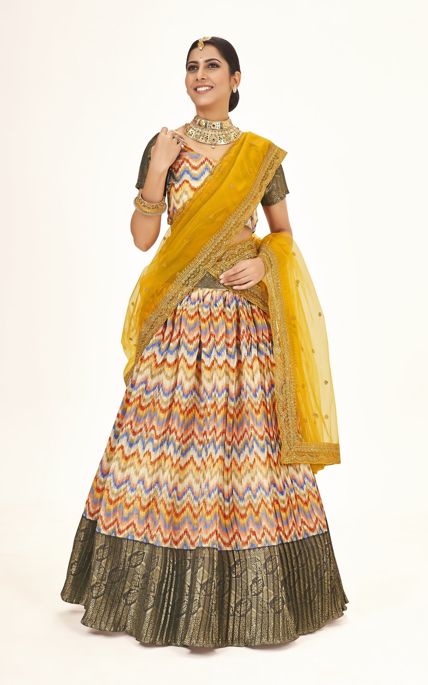 Latest Trending Multicolor Weaving Work And Digital Printed Banarasi Pattu Half Saree Lehenga Choli