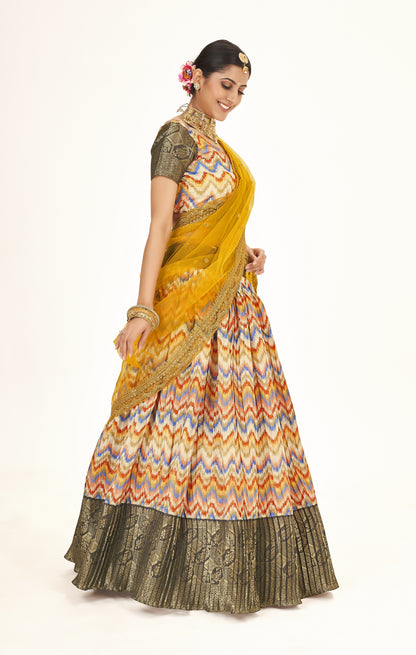 Latest Trending Multicolor Weaving Work And Digital Printed Banarasi Pattu Half Saree Lehenga Choli