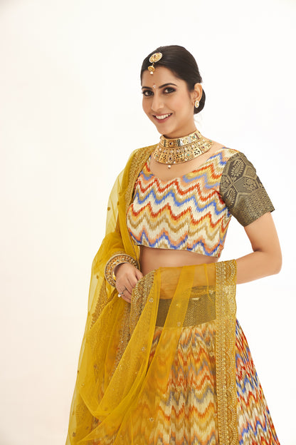 Latest Trending Multicolor Weaving Work And Digital Printed Banarasi Pattu Half Saree Lehenga Choli