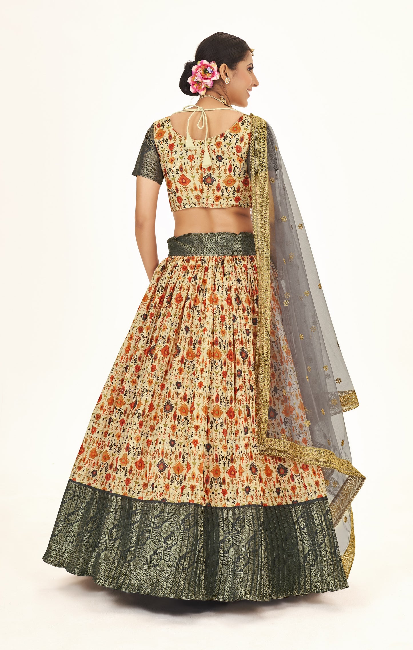 Remarkable Peach & Grey Weaving And Digital Printed Work Banarasi Pattu Half Saree Lehenga