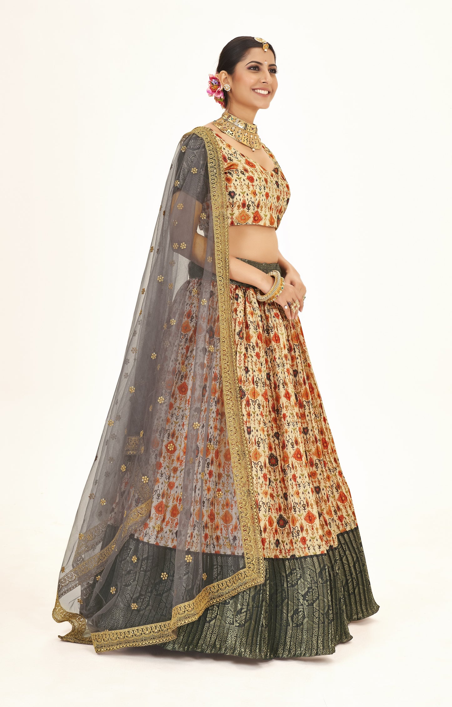 Remarkable Peach & Grey Weaving And Digital Printed Work Banarasi Pattu Half Saree Lehenga