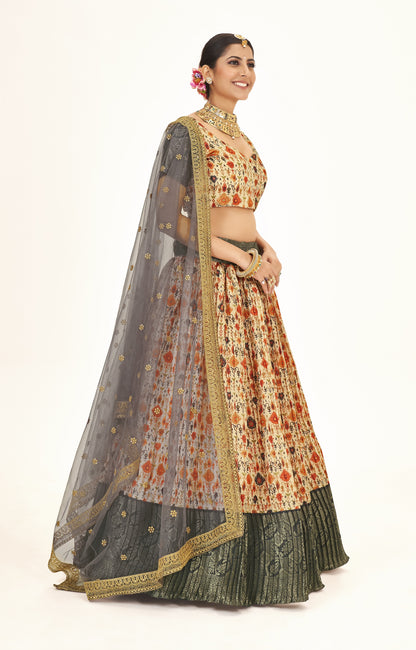 Remarkable Peach & Grey Weaving And Digital Printed Work Banarasi Pattu Half Saree Lehenga