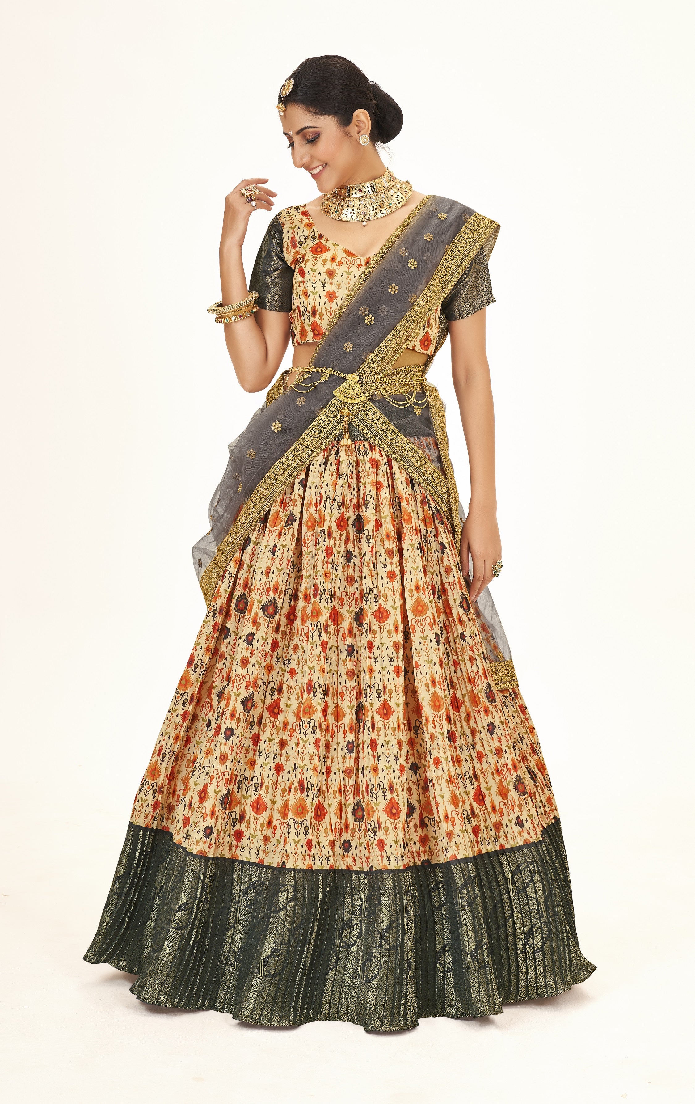 Remarkable Peach & Grey Weaving And Digital Printed Work Banarasi Pattu Half Saree Lehenga