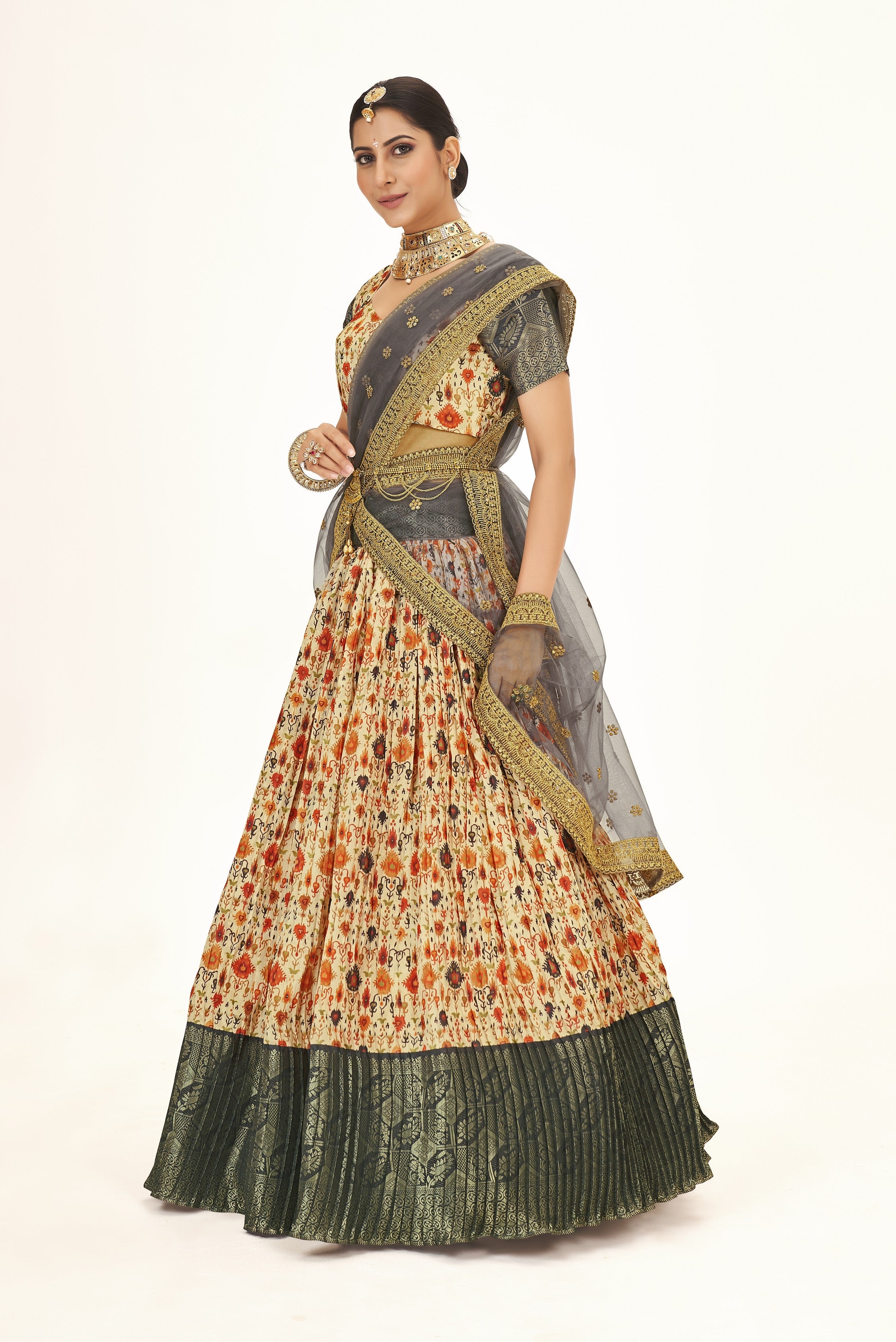 Remarkable Peach & Grey Weaving And Digital Printed Work Banarasi Pattu Half Saree Lehenga