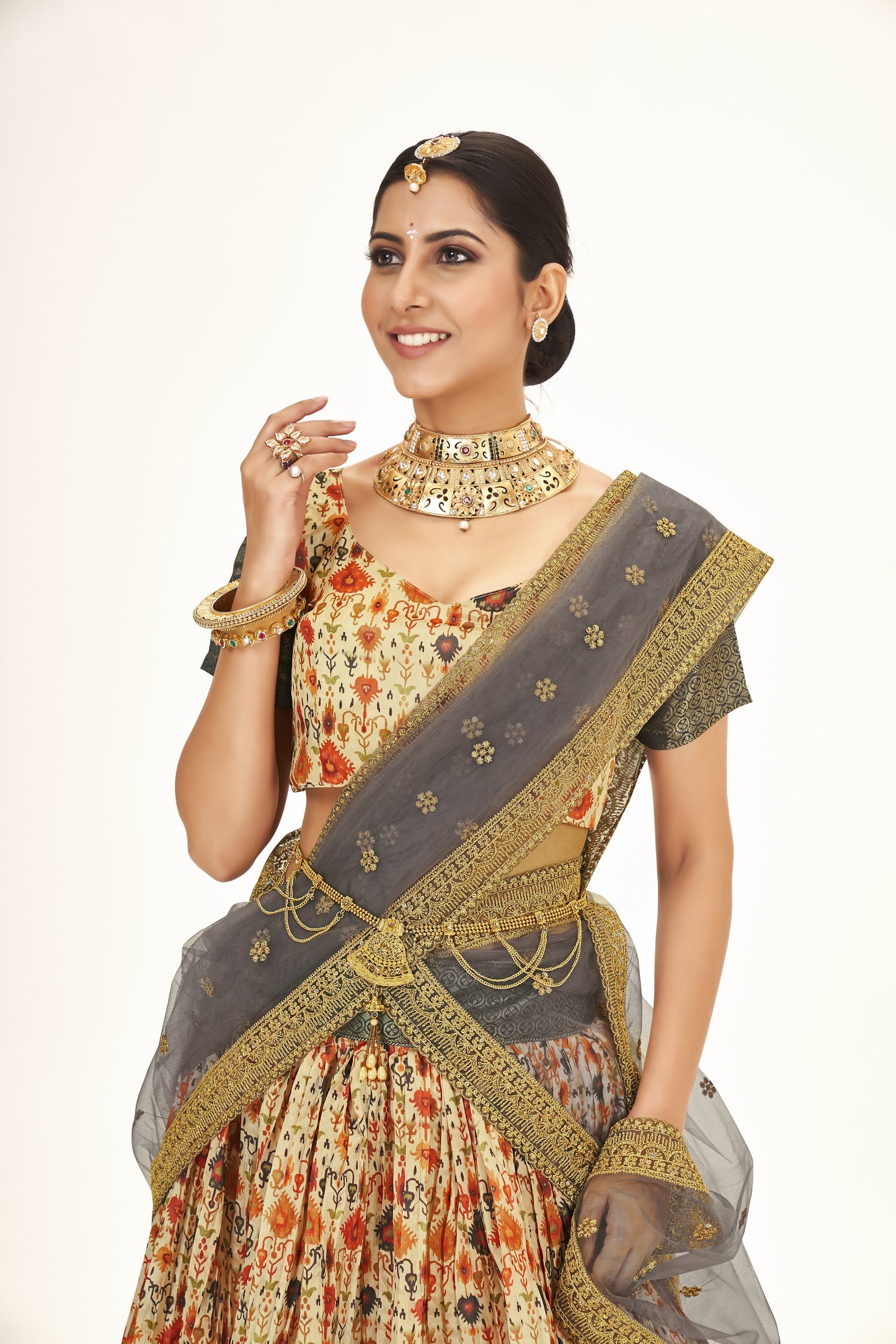 Remarkable Peach & Grey Weaving And Digital Printed Work Banarasi Pattu Half Saree Lehenga