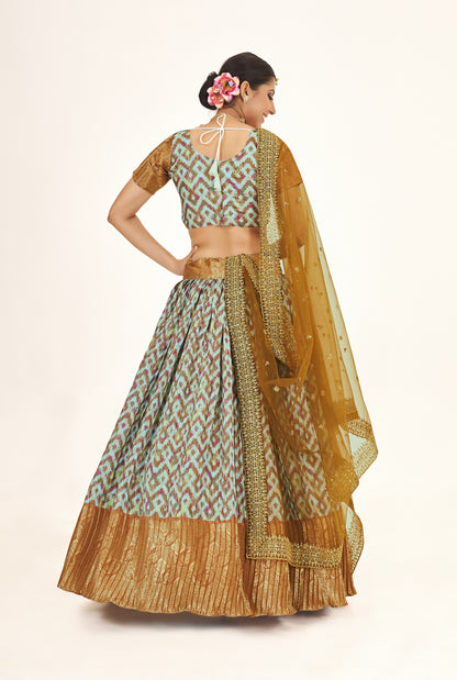 Exceptional Sea Green & Golden Weaving Work and Digital Printed Banarasi Silk Pattu Half Saree