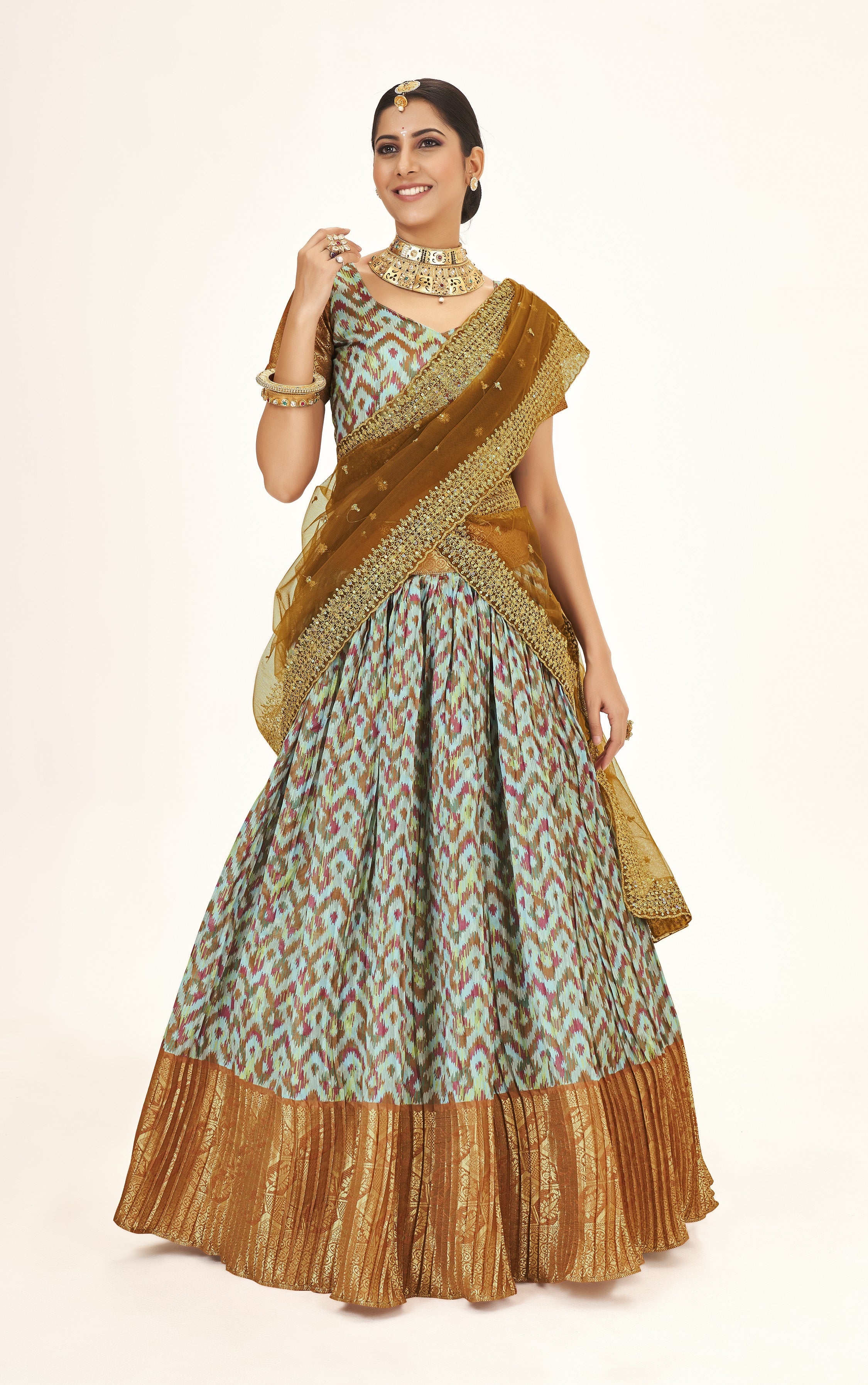 Exceptional Sea Green & Golden Weaving Work and Digital Printed Banarasi Silk Pattu Half Saree