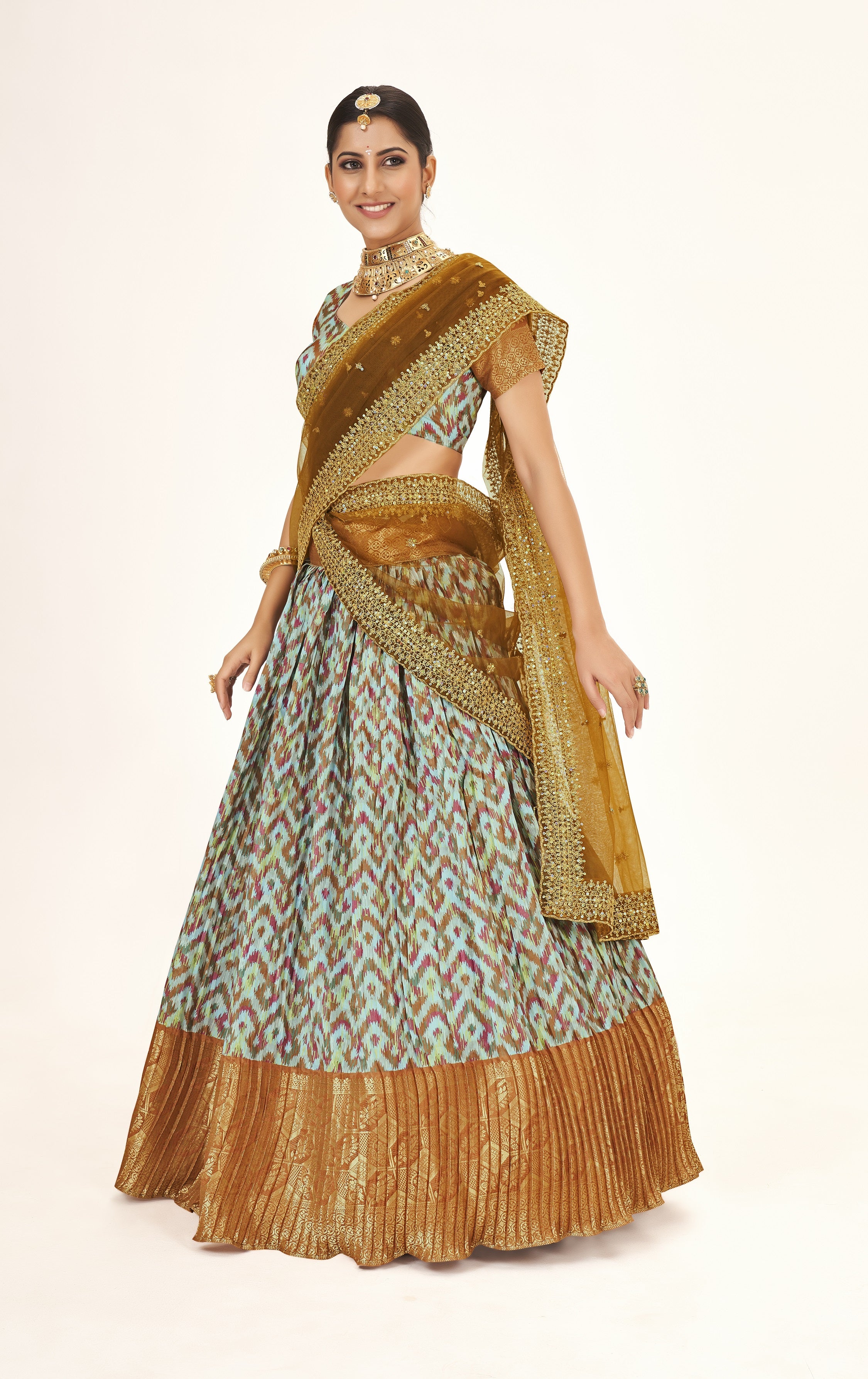 Exceptional Sea Green & Golden Weaving Work and Digital Printed Banarasi Silk Pattu Half Saree