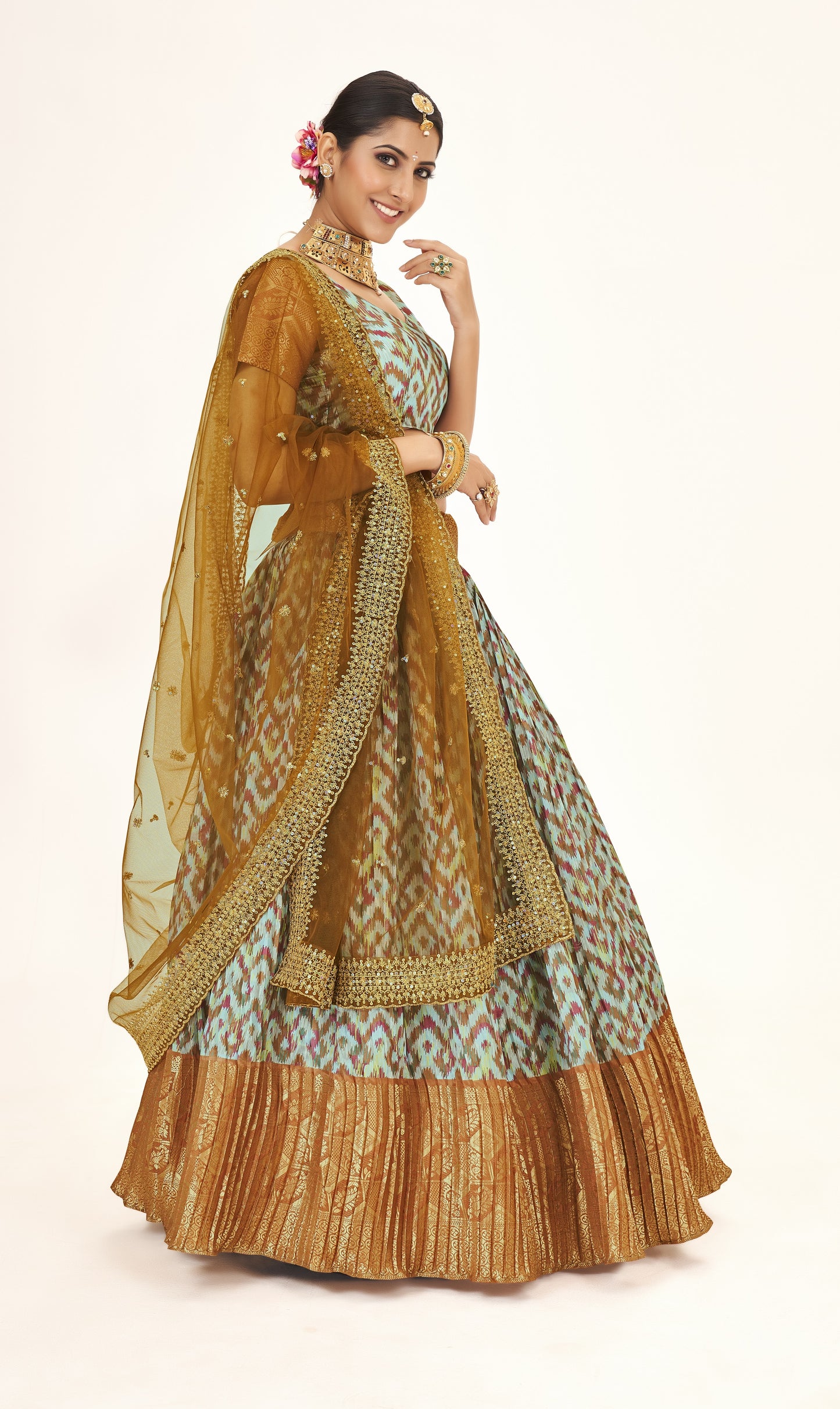 Exceptional Sea Green & Golden Weaving Work and Digital Printed Banarasi Silk Pattu Half Saree