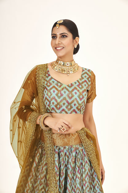 Exceptional Sea Green & Golden Weaving Work and Digital Printed Banarasi Silk Pattu Half Saree