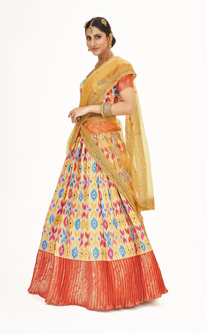 Beautiful Yellow & Red Weaving Work Litchi Banarasi Silk Pattu Half Saree Lehenga