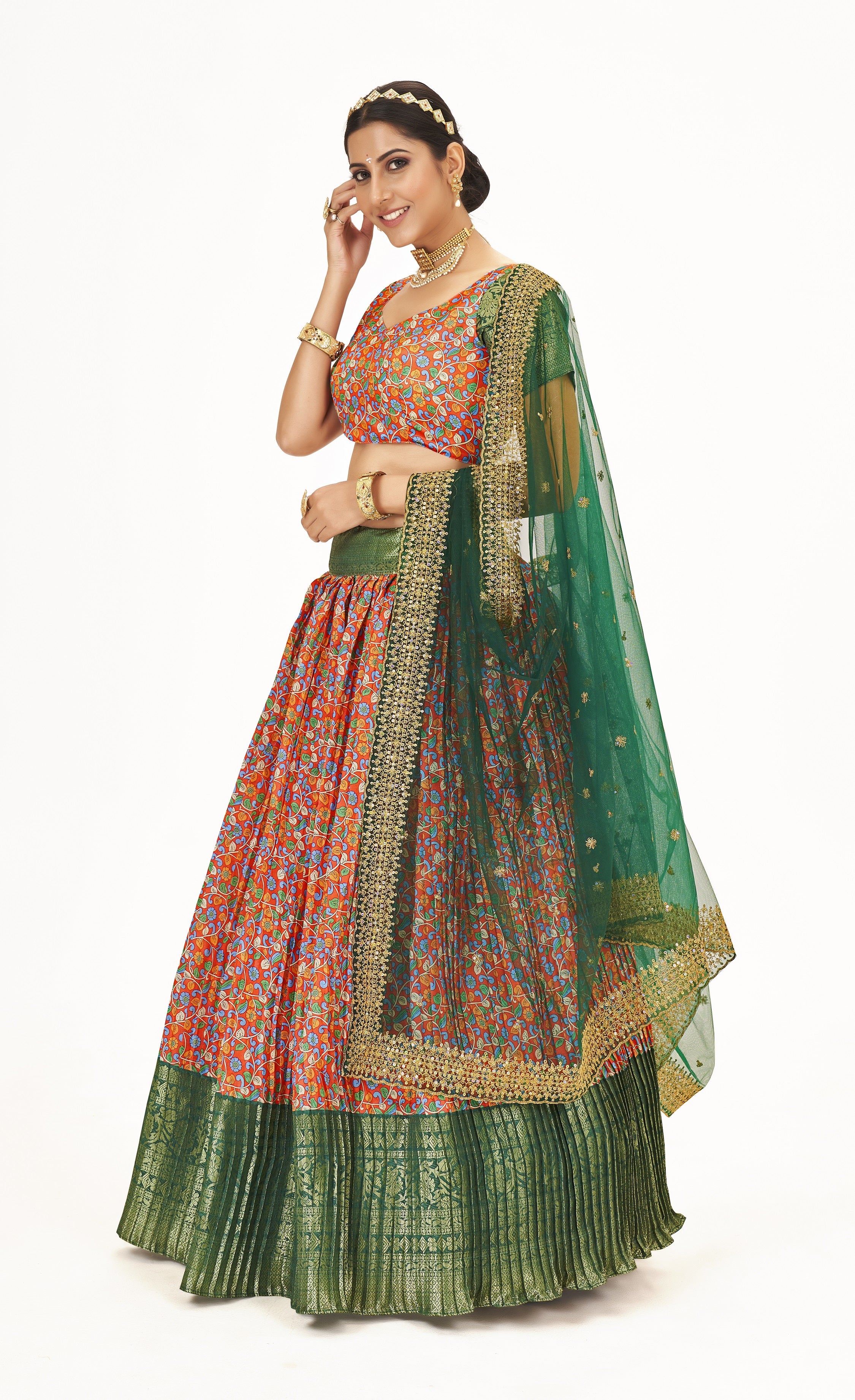 Magnificent Orange & Green Weaving Work Floral Printed Banarasi Silk Half Saree Lehenga Choli