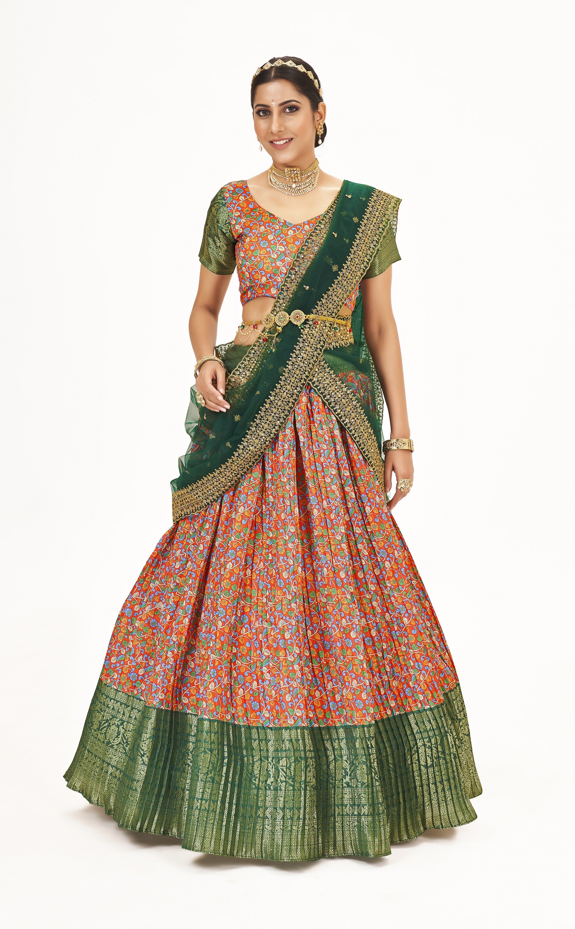 Magnificent Orange & Green Weaving Work Floral Printed Banarasi Silk Half Saree Lehenga Choli