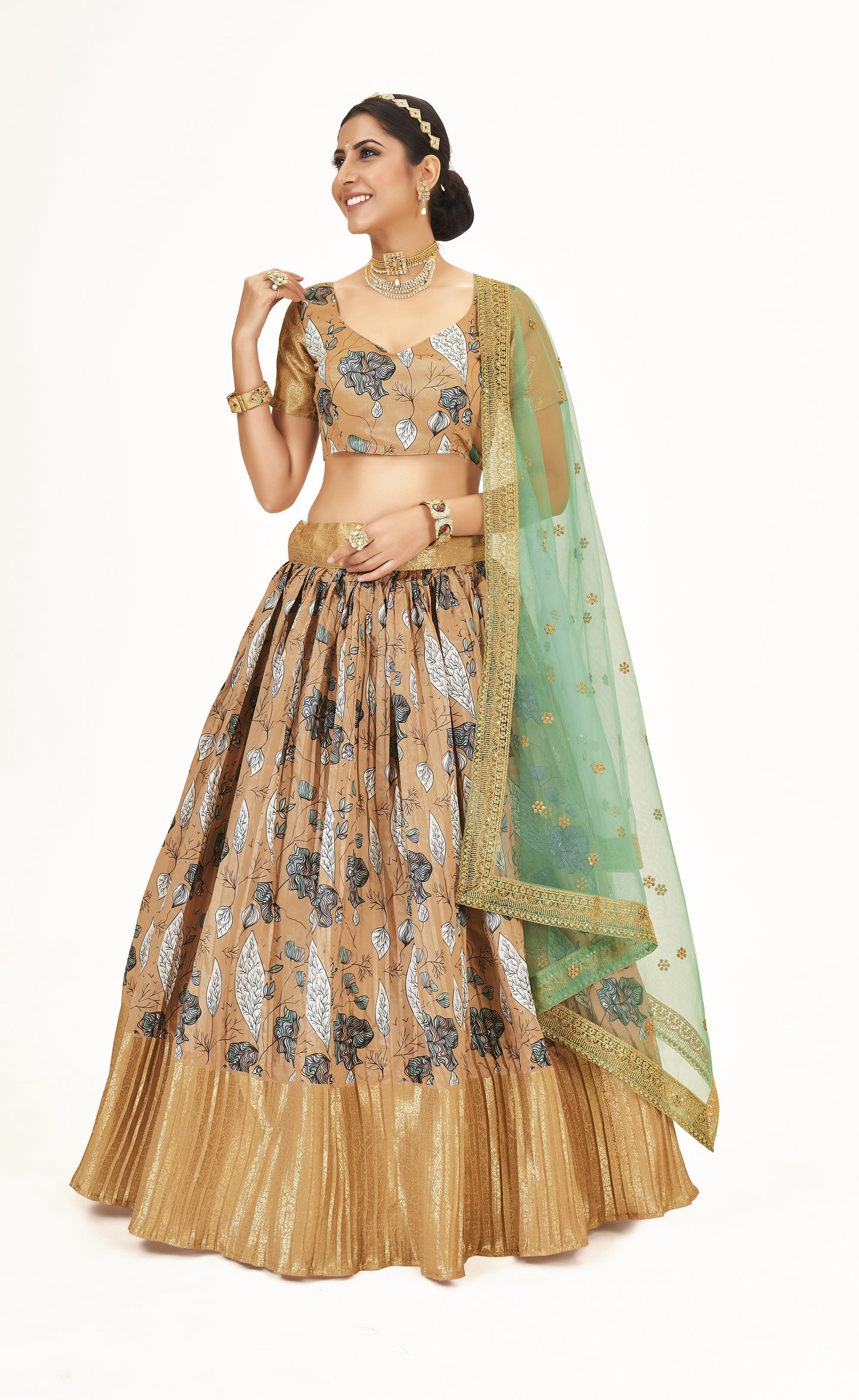 Traditional Light Brown Floral Printed Lichi Banarasi Silk Pattu Half Saree Lehenga Choli