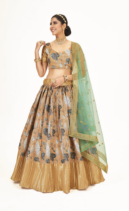 Traditional Light Brown Floral Printed Lichi Banarasi Silk Pattu Half Saree Lehenga Choli