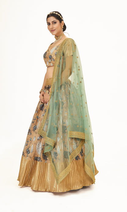 Traditional Light Brown Floral Printed Lichi Banarasi Silk Pattu Half Saree Lehenga Choli