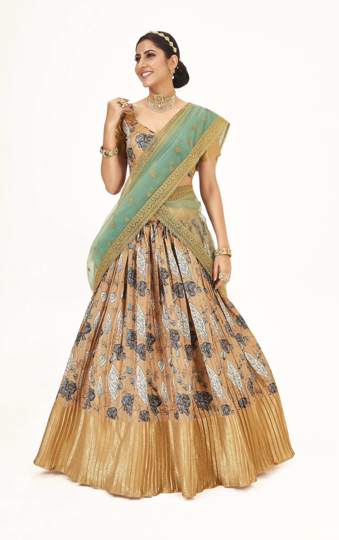 Traditional Light Brown Floral Printed Lichi Banarasi Silk Pattu Half Saree Lehenga Choli