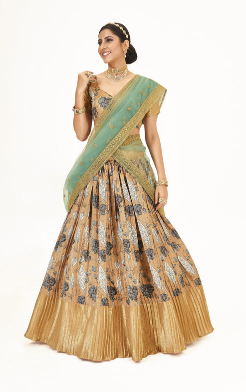 Traditional Light Brown Floral Printed Lichi Banarasi Silk Pattu Half Saree Lehenga Choli