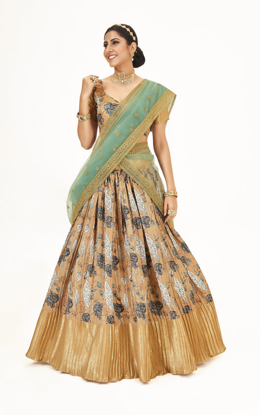 Traditional Light Brown Floral Printed Lichi Banarasi Silk Pattu Half Saree Lehenga Choli