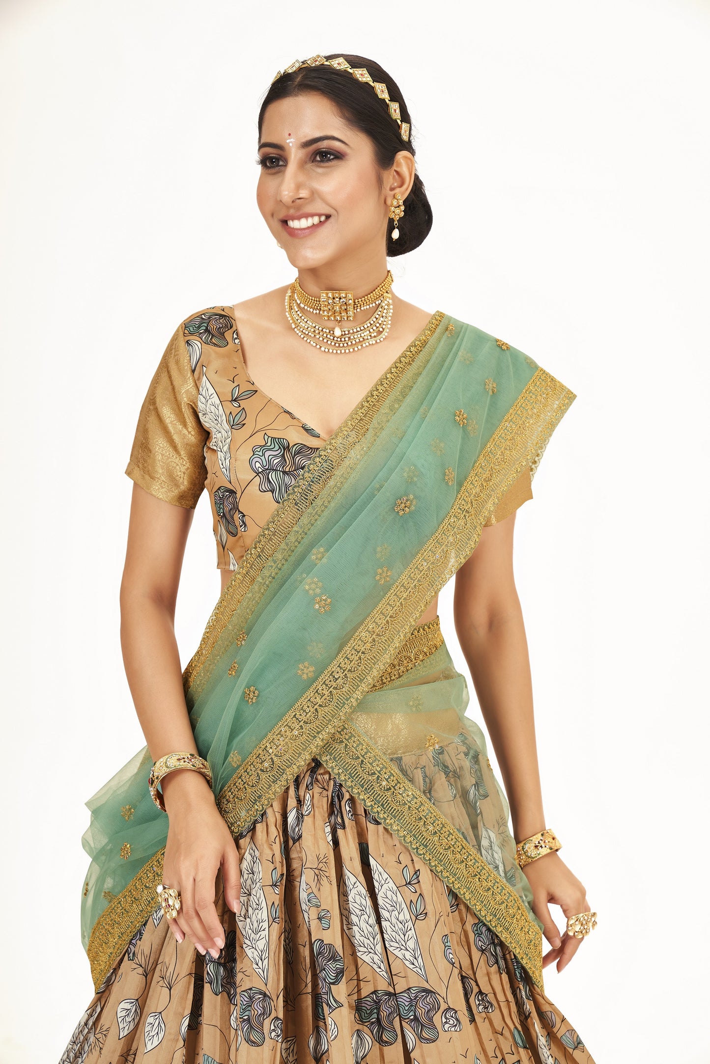 Traditional Light Brown Floral Printed Lichi Banarasi Silk Pattu Half Saree Lehenga Choli