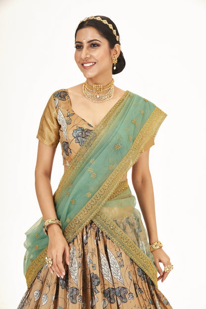 Traditional Light Brown Floral Printed Lichi Banarasi Silk Pattu Half Saree Lehenga Choli