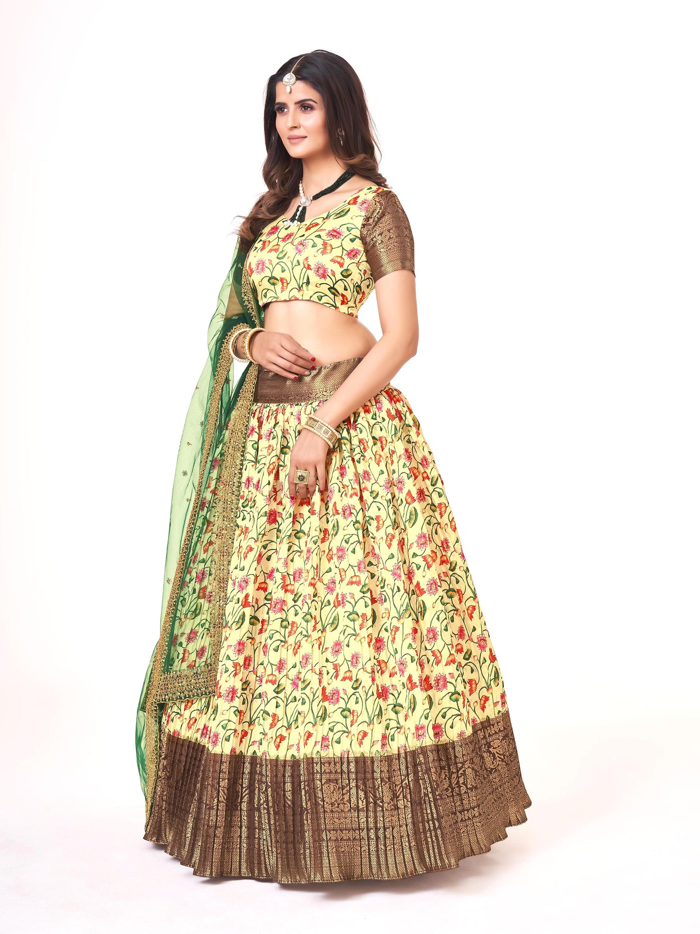 Lime Yellow & Brown Floral Printed Banarasi Silk Half Saree Lehenga Choli For Girls