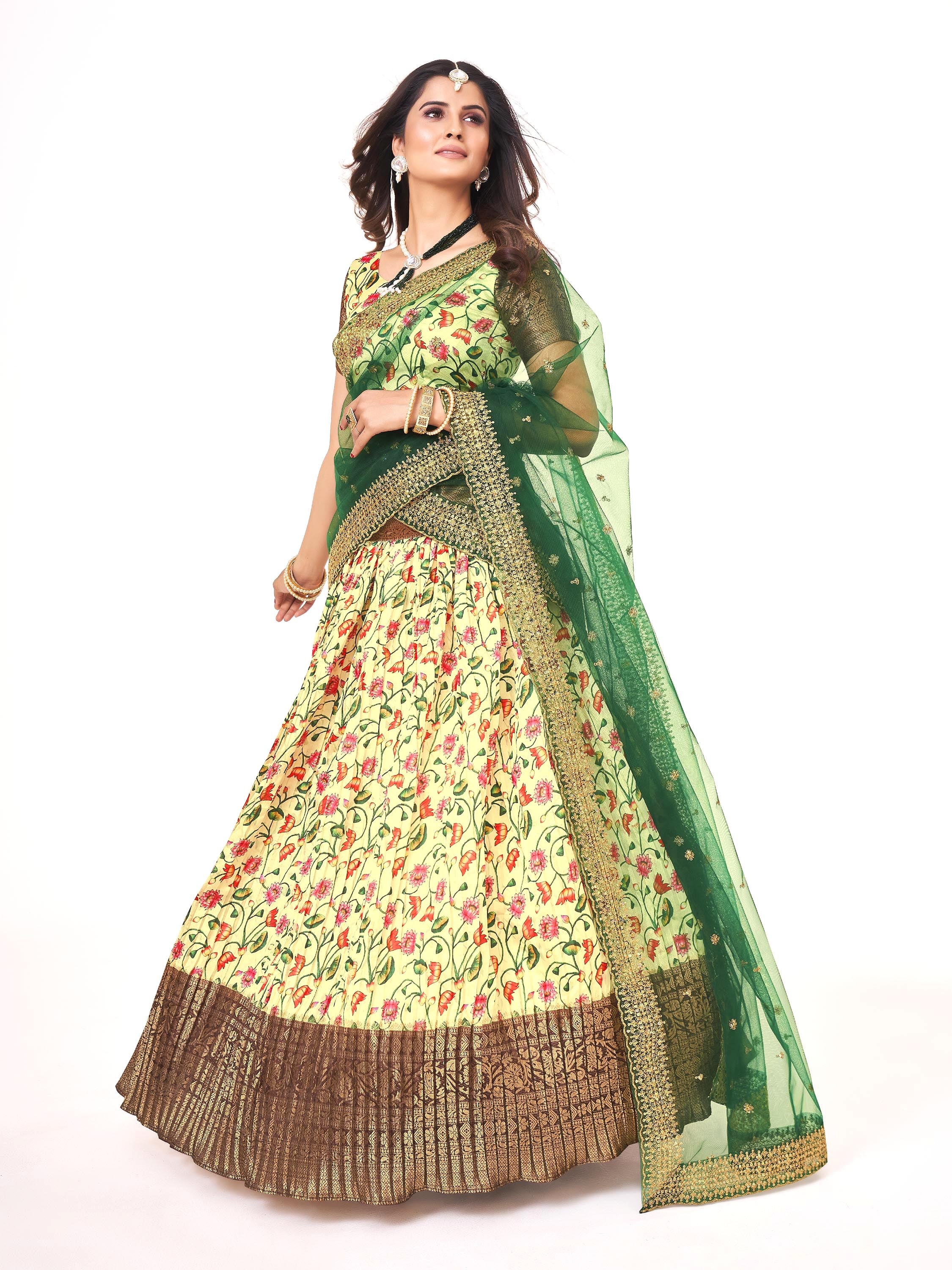 Lime Yellow & Brown Floral Printed Banarasi Silk Half Saree Lehenga Choli For Girls