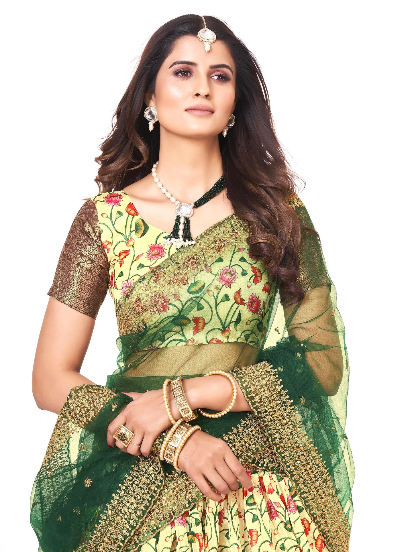 Lime Yellow & Brown Floral Printed Banarasi Silk Half Saree Lehenga Choli For Girls