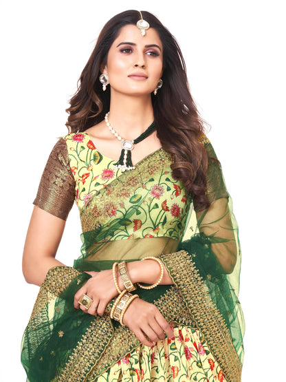 Lime Yellow & Brown Floral Printed Banarasi Silk Half Saree Lehenga Choli For Girls