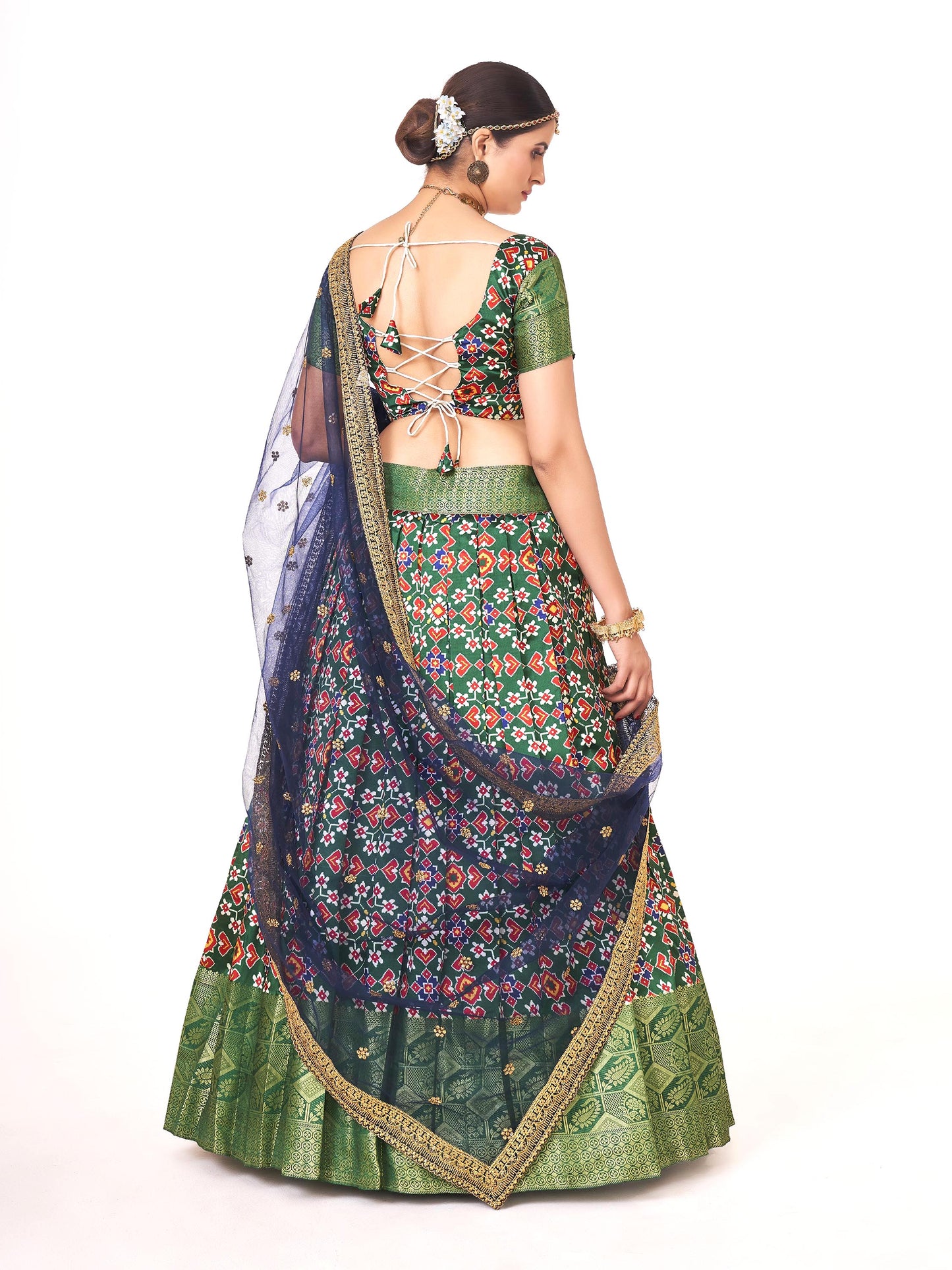 Dark Green Weaving Work and Digital Printed Banarasi Silk Pattu Half Saree For Women