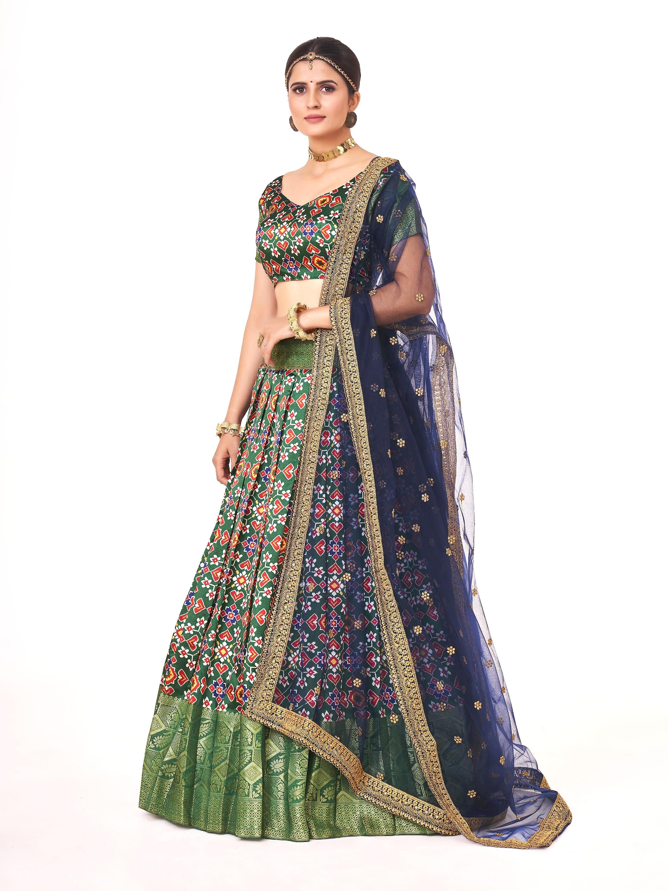 Dark Green Weaving Work and Digital Printed Banarasi Silk Pattu Half Saree For Women