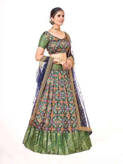 Dark Green Weaving Work and Digital Printed Banarasi Silk Pattu Half Saree For Women