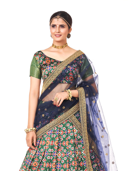 Dark Green Weaving Work and Digital Printed Banarasi Silk Pattu Half Saree For Women