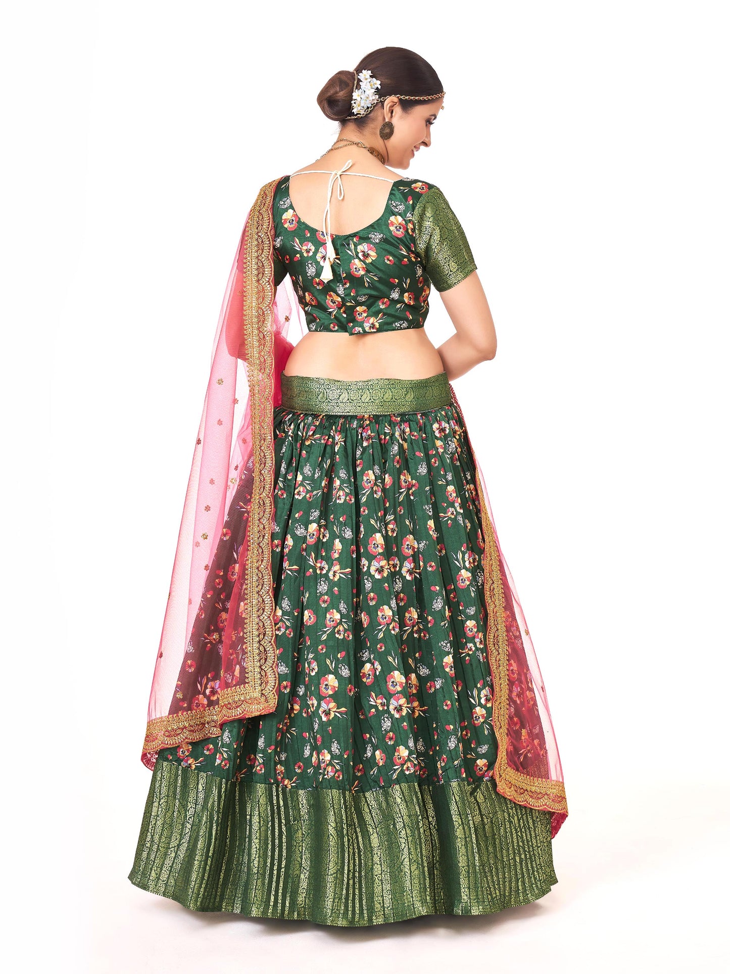Dazzling Green Floral Printed Lichi Banarasi Silk Half Saree Lehenga Choli Set