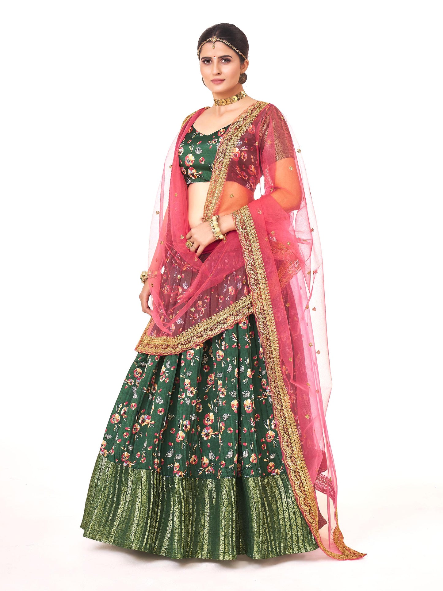 Dazzling Green Floral Printed Lichi Banarasi Silk Half Saree Lehenga Choli Set