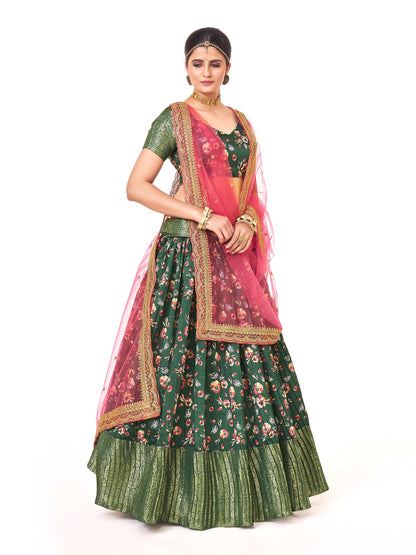 Dazzling Green Floral Printed Lichi Banarasi Silk Half Saree Lehenga Choli Set