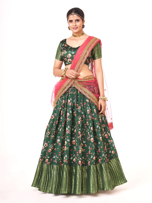 Dazzling Green Floral Printed Lichi Banarasi Silk Half Saree Lehenga Choli Set