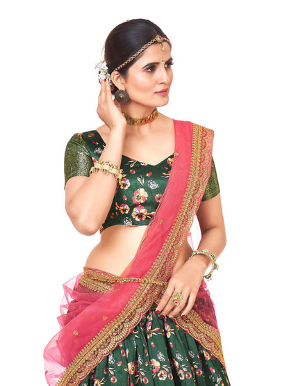 Dazzling Green Floral Printed Lichi Banarasi Silk Half Saree Lehenga Choli Set