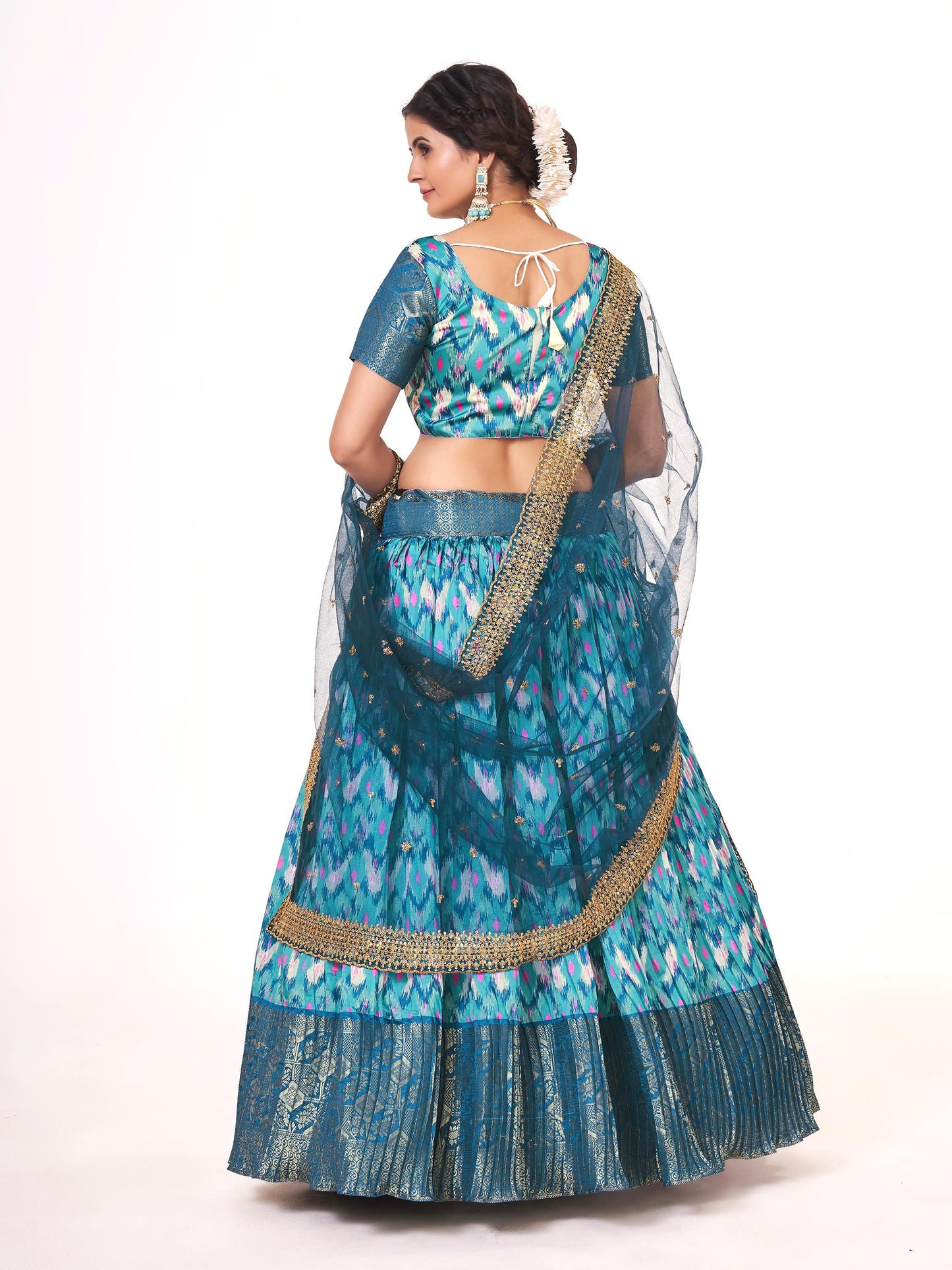 Blue & Firozi Digital Printed Weaving Work Banarasi Pattu Half Saree Lehenga