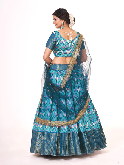 Blue & Firozi Digital Printed Weaving Work Banarasi Pattu Half Saree Lehenga